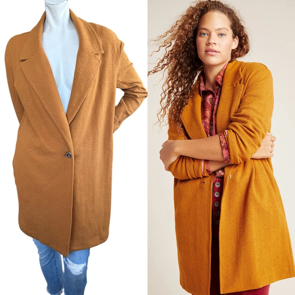 Anthropologie Corinthia Ochre Knit Long Line Oversized Blazer Jacket Size XS